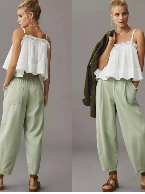 Pilcro Pants - 178  Anthropologie Pilcro Relaxed High-Waist Cotton Barrel Pants in Sage Green
